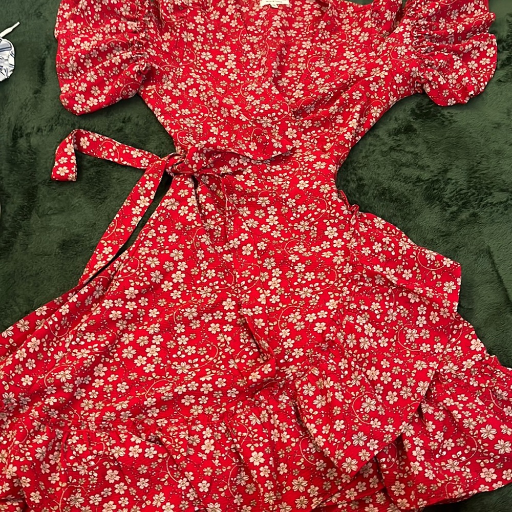 Red Floral Dress Adjustable waist and tie